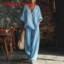 (Blue,5XL)Women Summer Casual Matching Set With Loose Fit And Cotton Linen Material For Use Daily