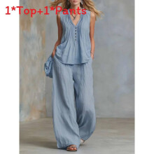 (Blue,XXL)Sleeveless Top Pants Outfit With Polyester Blend And Splicing Elements For Women Leisure
