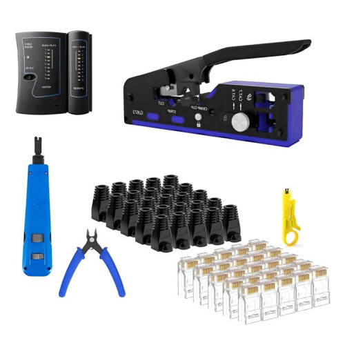 Professional RJ45 Crimping Tool Kit, Ethernet Crimper Cable Tester, Wire Stripper, Cable Cutter, Trapezoidal Punch
