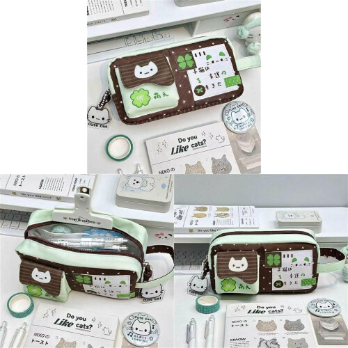 Four Leaf Clover Cat Pencil Case With Large Capacity For Students Use And Office 1