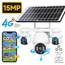 Caméra de sécurité extérieure 4G, solaire, 15MP 8K, triple objectif, vision nocturne, batterie rechargeable