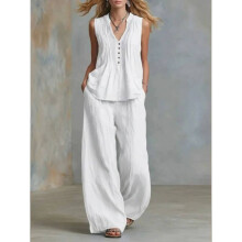 (White,S)Fashionable Women Loose Fit Sleeveless Top Pants Two Piece With Creased Design For Streetwear Style