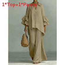 (Khaki,XL)Retro Feminine Casual Top Pants Suit With Spliced Cotton Linen Fabric For Women Style Boho