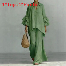(Green,L)Retro Feminine Casual Top Pants Suit With Spliced Cotton Linen Fabric For Women Style Boho