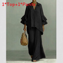 (Black,XXL)Retro Feminine Casual Top Pants Suit With Spliced Cotton Linen Fabric For Women Style Boho