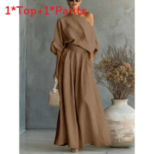 (Brown,XL)Summer Top And Pants Set With Breathable Polyester For Womens Fashionable Office Look