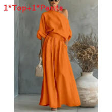 (Orange,M)Summer Top And Pants Set With Breathable Polyester For Womens Fashionable Office Look