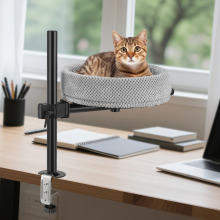 Lit pour chat de bureau, Support réglable en hauteur et rotation 360, Métal et Bois, Capacité 16kg