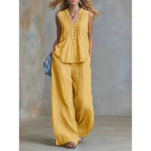 (Yellow,XL)Fashionable Women Loose Fit Sleeveless Top Pants Two Piece With Creased Design For Streetwear Style
