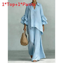 (Light Blue,M)Retro Feminine Casual Top Pants Suit With Spliced Cotton Linen Fabric For Women Style Boho