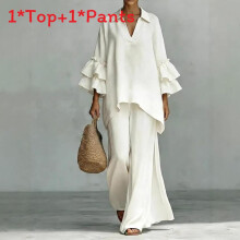 (White,XXL)Retro Feminine Casual Top Pants Suit With Spliced Cotton Linen Fabric For Women Style Boho