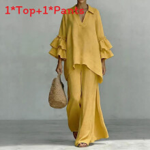 (Yellow,M)Retro Feminine Casual Top Pants Suit With Spliced Cotton Linen Fabric For Women Style Boho