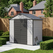 7.55 x 4.51FT Apex Roof Plastic Garden Storage Shed, Smoke Grey Wood Grain+Black, Outward Opening w/ Lockable Latch