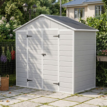 7.55 x 4.51FT Apex Roof Plastic Garden Storage Shed, Smoke Grey Wood Grain, Outward Opening w/ Lockable Latch