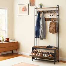 Coat Rack with Shoe Storage - Wood and Metal - Rustic Brown and Black - 9 Hooks and Top Shelf