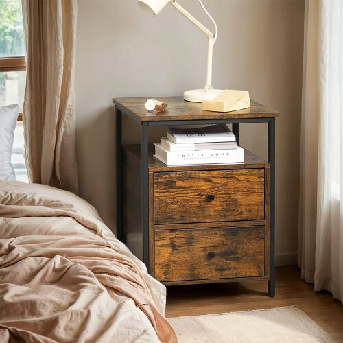 Bedside Table - Wood - Rustic Brown and Black - Open Shelf and 2 Drawers