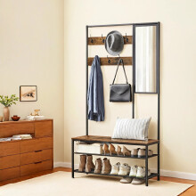 Coat Rack - MDF - Camel Brown and Ink Black - With Mirror and Shoe Storage