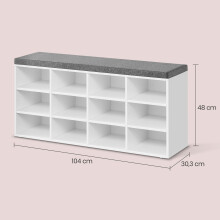 Shoe Storage Bench - Wood - Neutral Color - 12 Compartments, Adjustable Shelves, Padded Seat