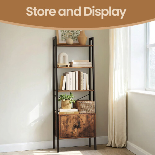 Bookcase with Cabinet - Metal - Rustic Brown - 4-Tier Industrial Design 1
