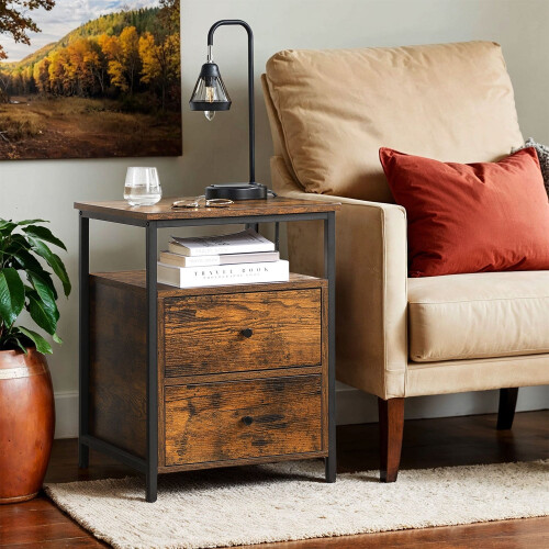 Bedside Table - Wood - Rustic Brown and Black - Open Shelf and 2 Drawers 1