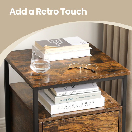 Bedside Table - Wood - Rustic Brown and Black - Open Shelf and 2 Drawers 2
