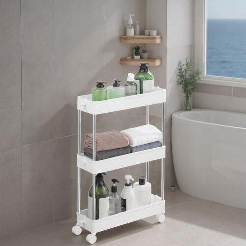 Extendable Kitchen Countertop Shelf - Metal - White - Slim Rolling Trolley with Wheels 1