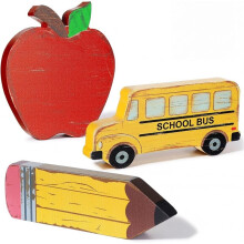 3 Stuks Tafeldecoraties voor de Eerste Schooldag: Klassieke Houten Appel, Bus en Potlood Als Tafeldecoratie