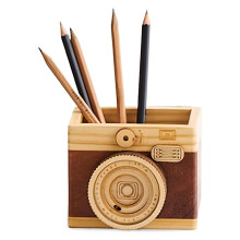 Vintage Wooden Camera Pencil Holder, Retro Pen Organizer for Photographers, Desk & Home Decor Gift
