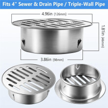 4 Inch 304 Stainless Steel Drain Cover with Adjustable Clips - Round Heavy Duty Floor Grate for Horizontal Pipes