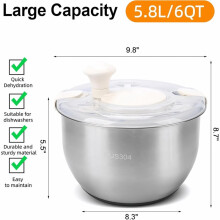Essoute-Salade en Acier Inoxydable 6 L - Essoreuse à Salade avec Panier D'Égouttage, Essorage Rapide pour Légumes et Fruits