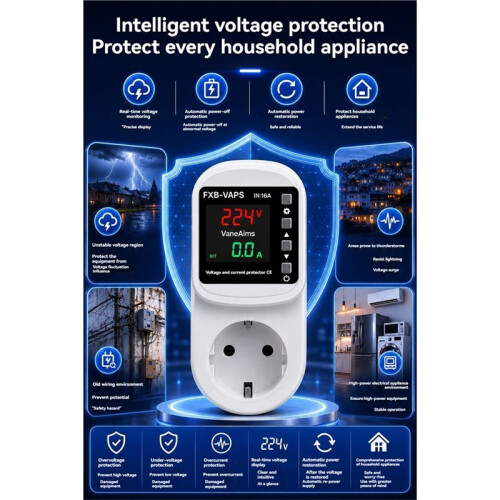 Over Under Voltage Protector 16A Self-Resetting Voltage Current Protector Real- Display for Home Appliances EU Plug 1
