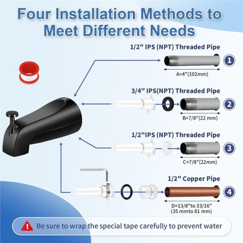 Bocchetta Universale per Vasca con Deviatore, per Tubi In Rame da 1/2", IPS da 1/2" e IPS da 3/4", Ricambio per Rubinetto Della Vasca. 2