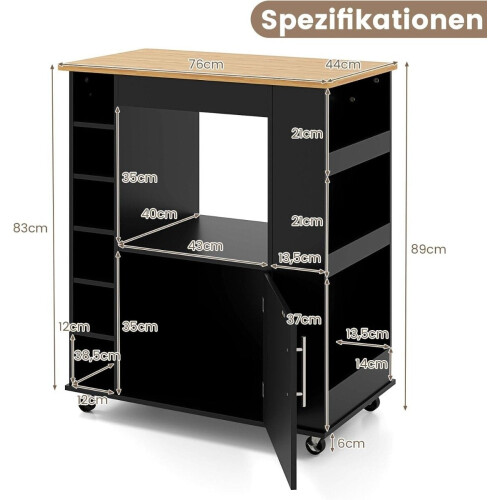 Kitchen Cart with Bamboo Top, Spice Rack, Towel Holder