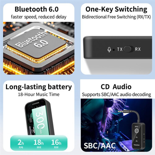 6.0 Wireless Audio Transmitter and Receiver 2-in-1  Transmitter Receiver 3.5mm Plug AAC/SBC 2