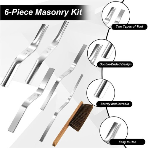 6 Pack Double Ended Brick Jointer and TuckPointer Set with Masonry Brush,Heavy Duty Masonry Tools for Mortar Repointing 1