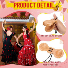 2 Pack Spanish Castanets Wooden Flamenco for Adults, Natural Solid Wood Handheld Rhythm Instruments
