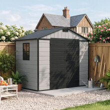 Garden Sanctuary 7.55x4.51ft Wood Grain Apex Plastic Tool Shed w/ Window, Smoky Grey+Black