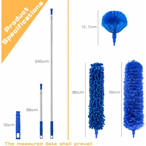 Kit de limpeza para espanadores com cabo telescópico extensível de 2,54 m (100 polegadas), espanador flexível reutilizável e lavável. 1