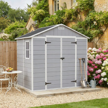 Garden Sanctuary 7.53x6.07ft Wood Grain Apex Plastic Tool Shed w/ Window, Smoky Grey