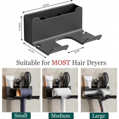 Support mural adhésif pour sèche-cheveux, sans perçage, avec range-câbles et étagère de rangement. 1