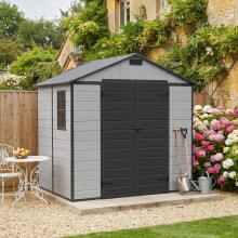 Garden Sanctuary 7.53x6.07ft Wood Grain Apex Plastic Tool Shed w/ Window, Smoky Grey+Black