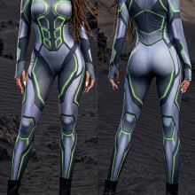 (A, 16) Fluorescent Green Mecha Printed Jumpsuit For Women/high Collar Long Sleeve Stretch Tights/future Sci-fi Warrior Role-playing Costu