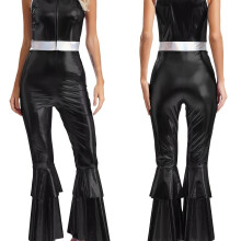 (A, 8) Women'S Belt Color Block Jumpsuit, Disco Style Stretchy Clubwear Cosplay Carnival Costume Fashion Double Layer Bell Bottoms