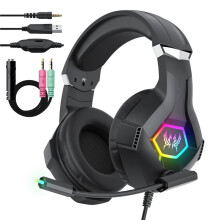 Wired Gaming Headset with Noise Cancel Mic for PS4 PS5 and Smartphone Surround Sound RGB Light over Ear Headphone