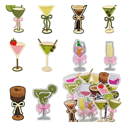 16 Toppe Termoadesive A Tema Cocktail, Set di Toppe Ricamate A Tema Cocktail per Abbigliamento e Accessori.