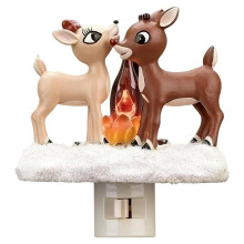 Reindeer Night Light with Flickering Flame, LED Faux Campfire Lamp for Christmas Decor, Twinkling Nightlight for Bedroom