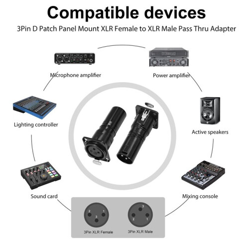 3pin XLR Male to XLR Female D Panel Mount Chassis Lock Socket Connector for D Panel Mounting 1