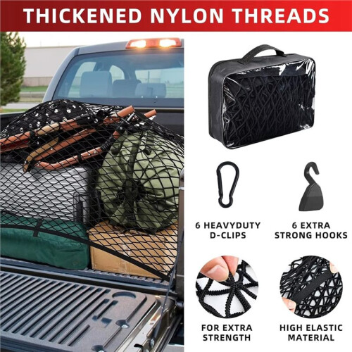 Pickup Bed Cargo Net Set Heavy-Duty Stretchable Elastic Net with 8 Hooks for Trucks & SUVs