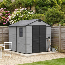 Garden Sanctuary 7.53x8.01ft Wood Grain Apex Plastic Tool Shed w/ Window, Smoky Grey+Black