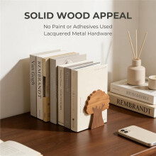 Wood Walnut & Tree Shaped Book Ends for Shelves Heavy Duty with Non-Skid Pads, Decorative Book Supports for Home